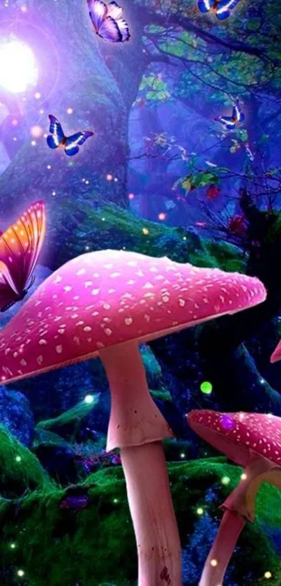 Enchanted forest wallpaper featuring mushrooms and butterflies in vibrant colors.