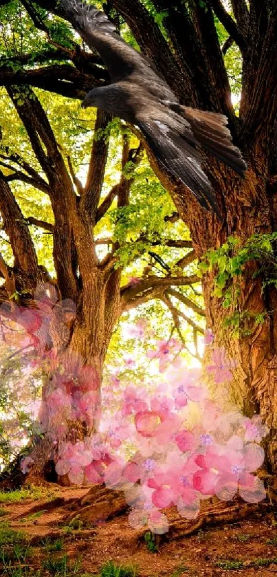 Enchanted forest with pink blossoms and towering trees in vibrant greenery.