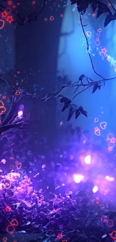 Mystical forest wallpaper with purple and blue hues and glowing heart shapes.