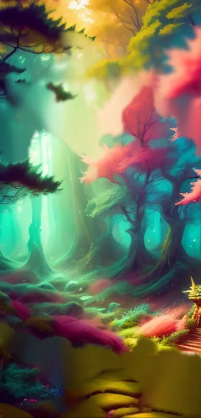 Fantasy forest wallpaper with vibrant colors and a mystical atmosphere.