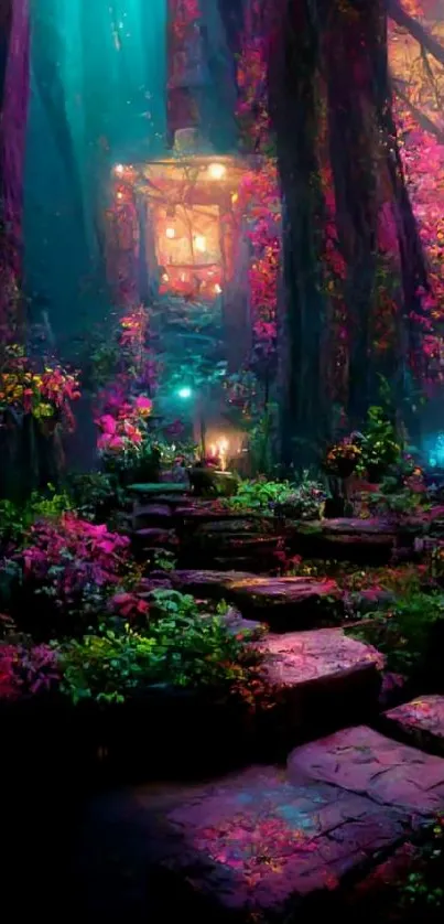 Enchanted forest wallpaper with lanterns and vibrant flowers.