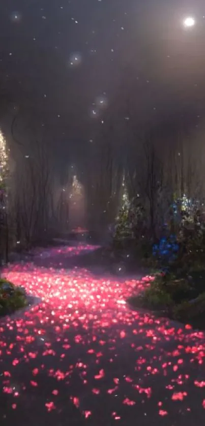 Enchanted nighttime forest path with glowing flowers and mysterious moonlit ambiance.