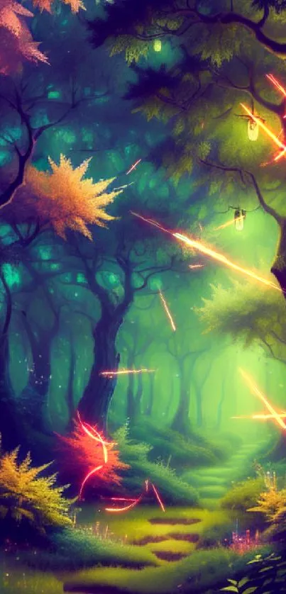 Enchanted forest with glowing lanterns and colorful trees in a serene mobile wallpaper.