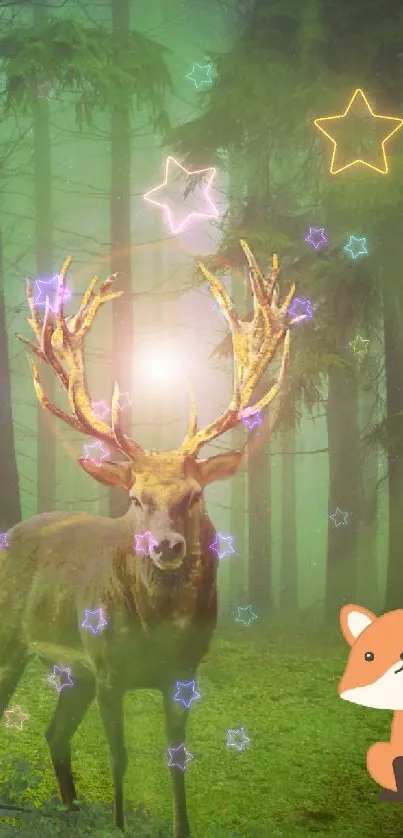 Mystical deer and fox in an enchanted forest wallpaper.