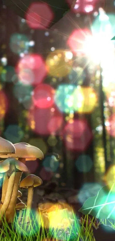 Enchanted forest wallpaper with mushrooms and bokeh light effect.