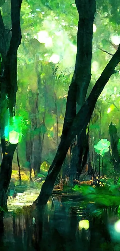 Enchanted forest with glowing green lights and trees.