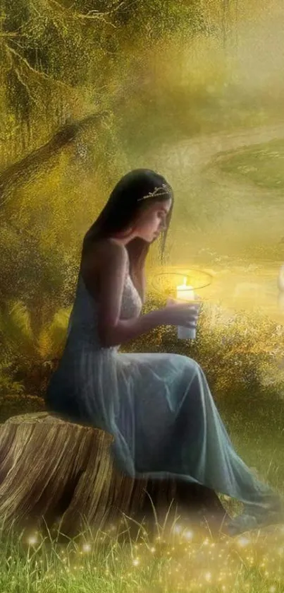 Girl in forest holding candle, serene and mystical atmosphere.