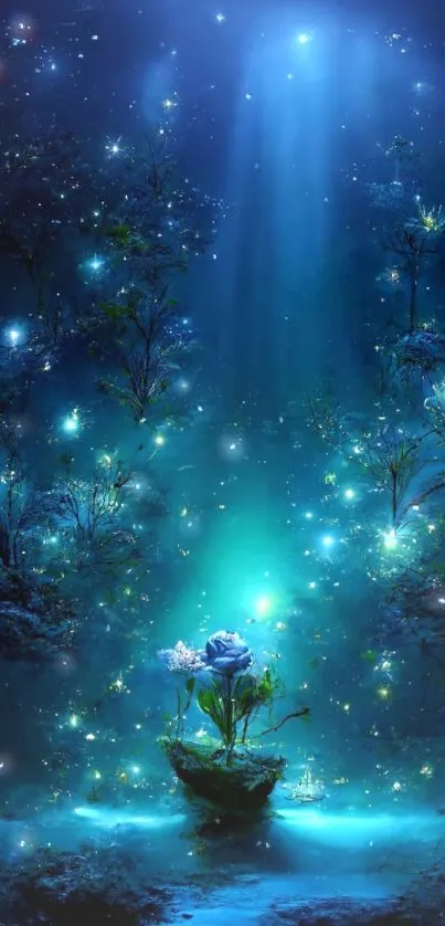 Mystical forest with glowing blue plants in night.