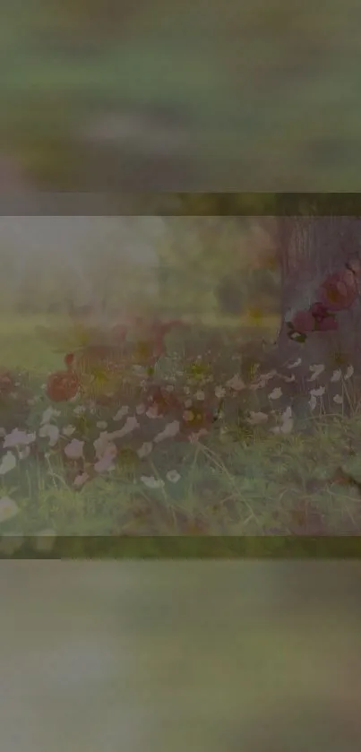 Enchanted forest scene with flowers and tree trunk in soft light.