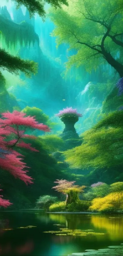 Enchanted forest wallpaper with vibrant colors and serene lake.