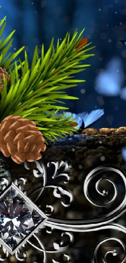 Enchanted forest with butterflies and intricate designs on phone wallpaper.