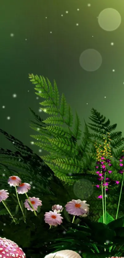 Enchanted forest wallpaper with mushrooms, ferns, and wildflowers on a green backdrop.