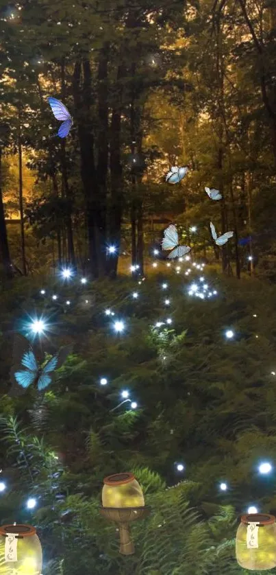 Enchanted forest with glowing fireflies and butterflies in a magical setting.