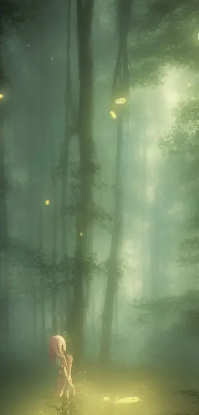 Enchanted forest mobile wallpaper with fireflies and a girl.