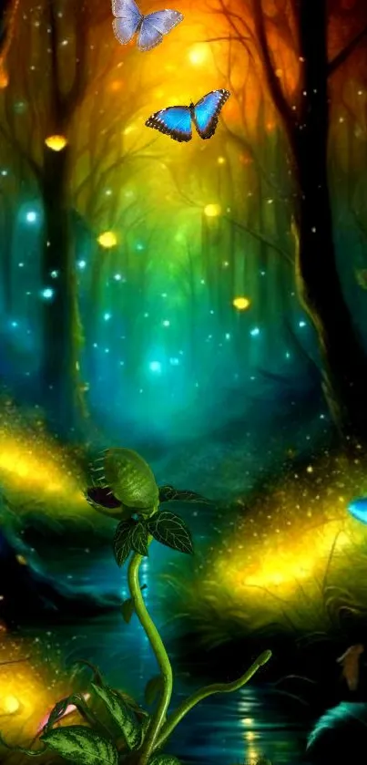Enchanted forest with glowing mushrooms under a teal night sky.