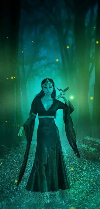 Mystical woman in teal forest with glowing lights.