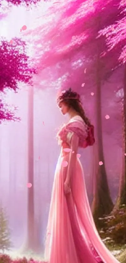 Woman in pink gown in an enchanted, magenta-hued forest.