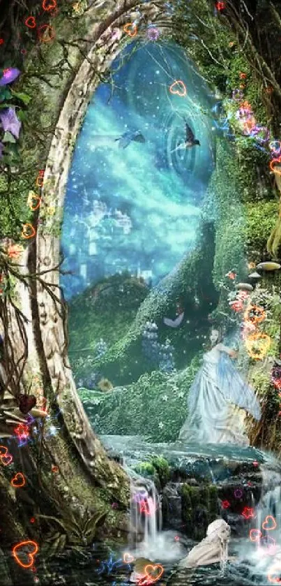 Enchanted forest with portal and fairies in lush green scenery.