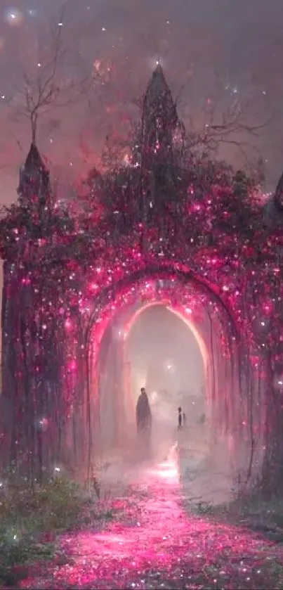 Enchanted forest scene with glowing pink pathway and misty portal.