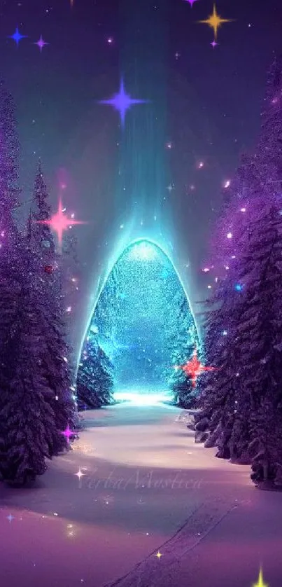 Magical forest scene with glowing portal surrounded by snowy trees.