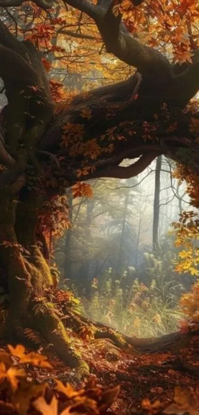 Magical forest portal with autumn leaves