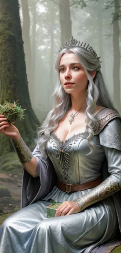 A silver-haired princess in the forest, wearing a crown and elegant gown.