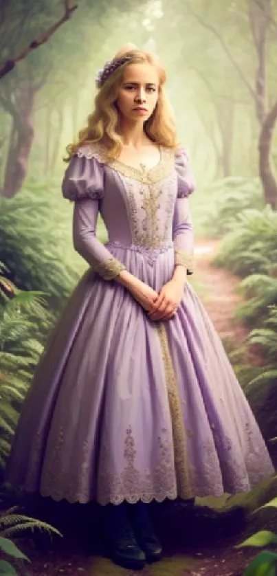 Princess in lavender dress walking through lush forest path.