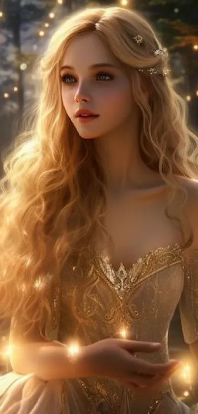 Enchanting fantasy princess in a golden, magical forest.