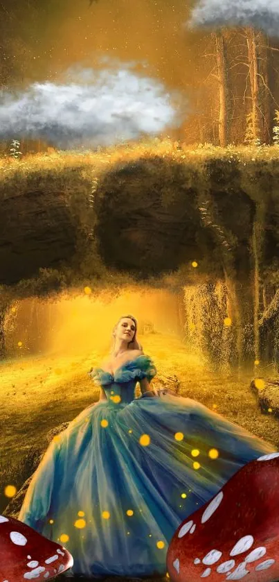 A princess in a blue gown in a mystical, golden forest scene.