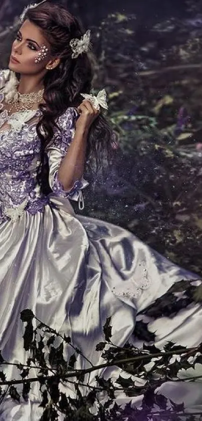 Princess in lavender gown in a mystical forest setting wallpaper.