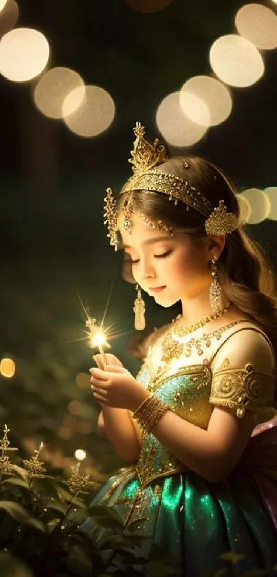 A young girl in an enchanted forest holding a glowing light, surrounded by bokeh.