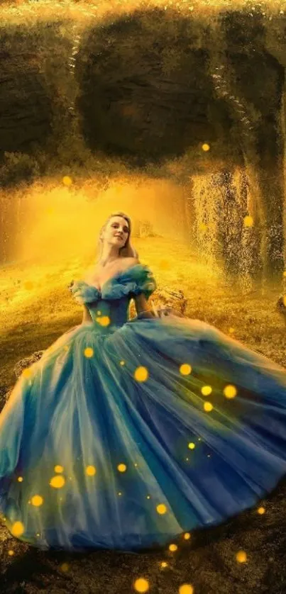 Enchanting princess in blue gown amidst glowing forest.