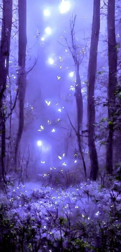 Purple forest with glowing butterflies.