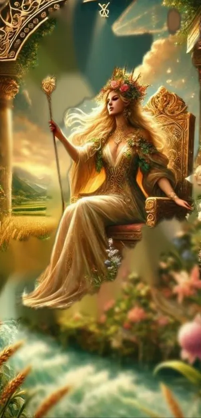 A fantasy queen in a golden gown sitting on a throne in an enchanted forest.