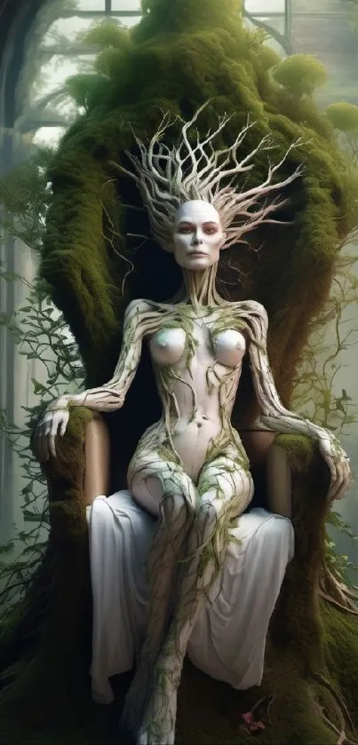 Fantasy tree queen on a nature throne.