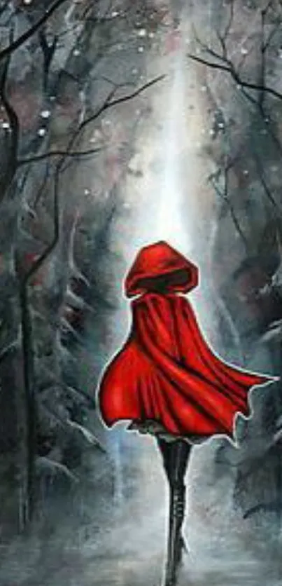 Red cloaked figure in a mystical dark forest.