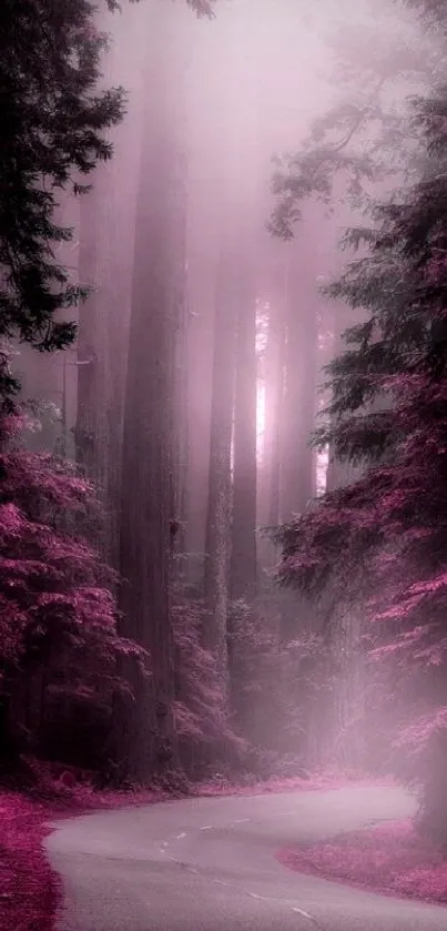 Mobile wallpaper of a mystical forest road in shades of pink and purple.