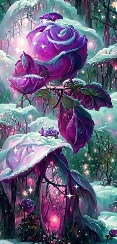 Purple rose in enchanted snowy forest illustration.