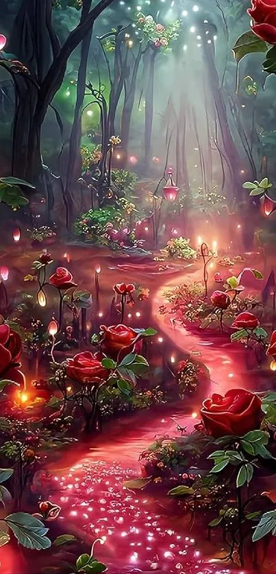 Enchanted forest with glowing roses and lanterns.