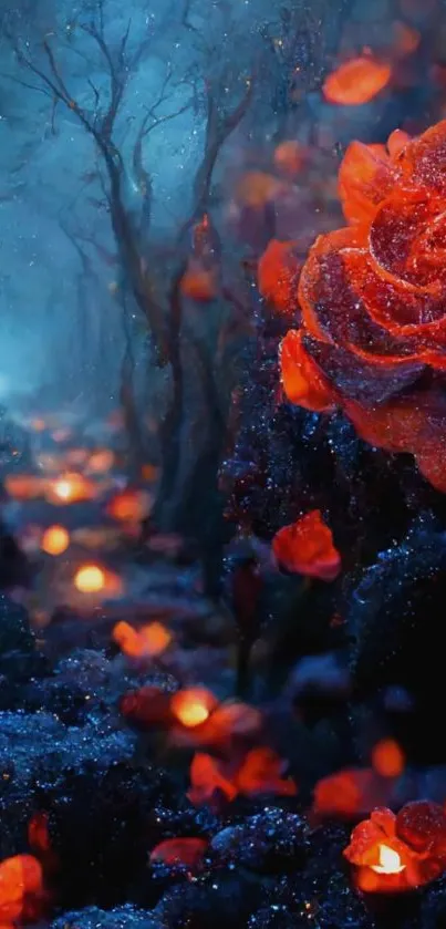 Enchanted forest with glowing roses at night.