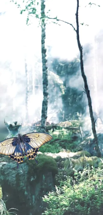 Mystical forest wallpaper with butterfly and trees.