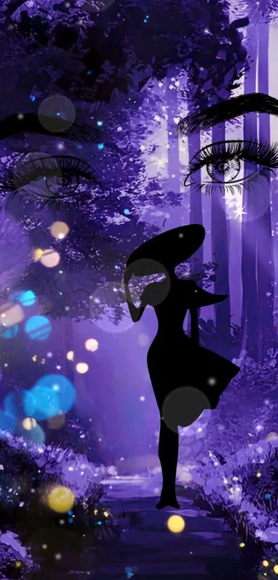 Mystical silhouette in a glowing purple forest scene.