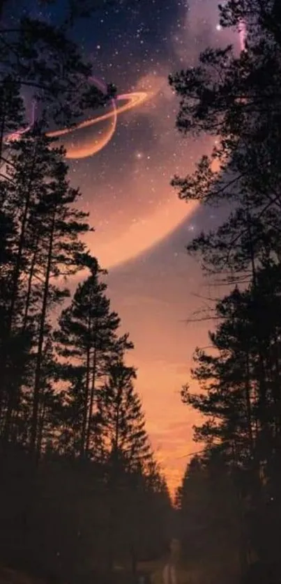 Enchanted forest with a celestial sky wallpaper for mobile phones.