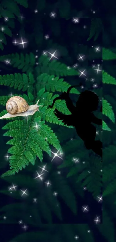 Snail on green fern in mystical forest wallpaper.