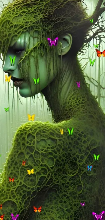 Artistic depiction of an ethereal forest spirit entwined with nature's greenery.