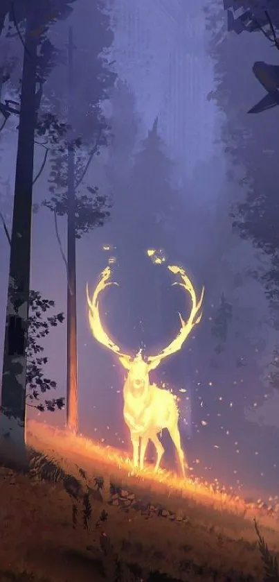 Glowing stag in a mystical purple forest background.