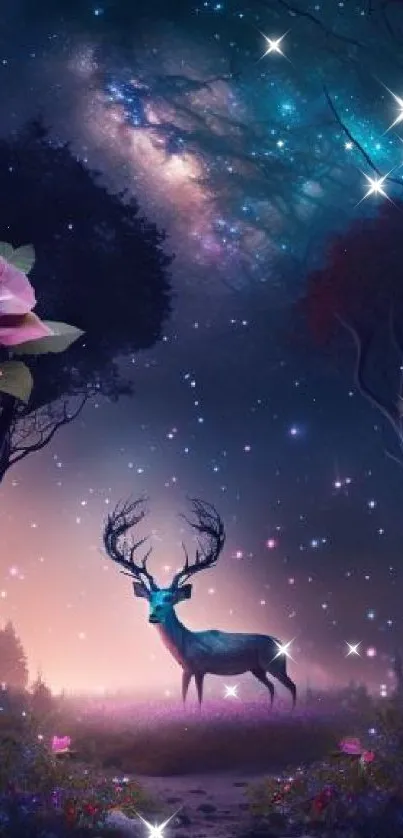 Majestic stag in enchanted forest under a starry night, with vibrant roses in view.