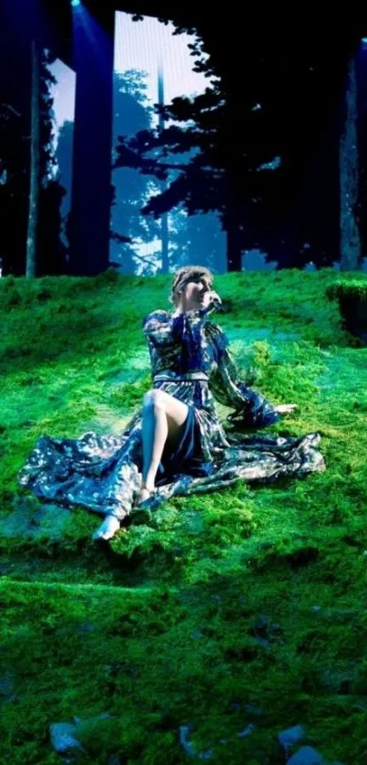 Performer on a lush green stage surrounded by forest.