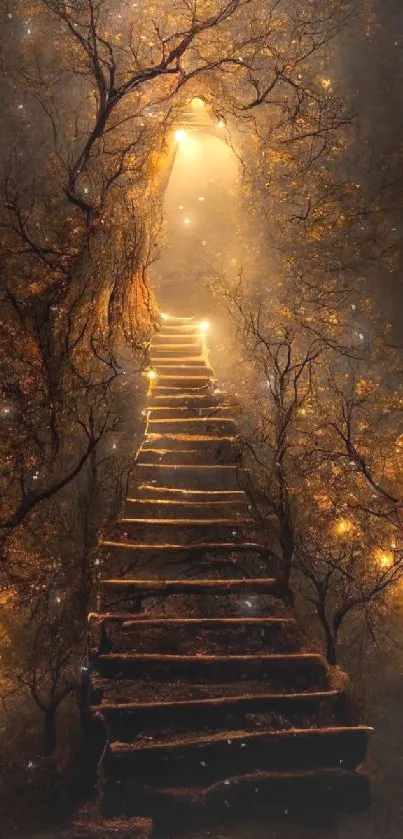 Glowing stairway in enchanted forest with golden light.