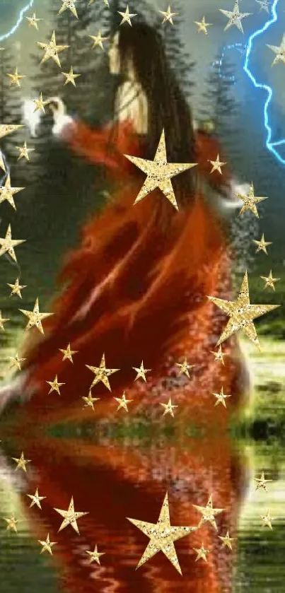 Mystical woman in red dress with golden stars in a forest wallpaper.